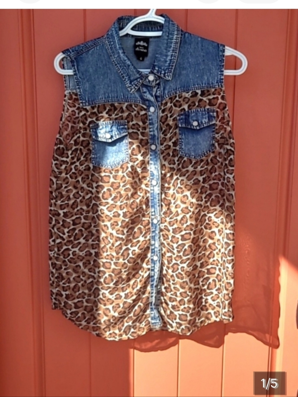 Denim Yoke Leopard Print Sleeveless Blouse - Brown